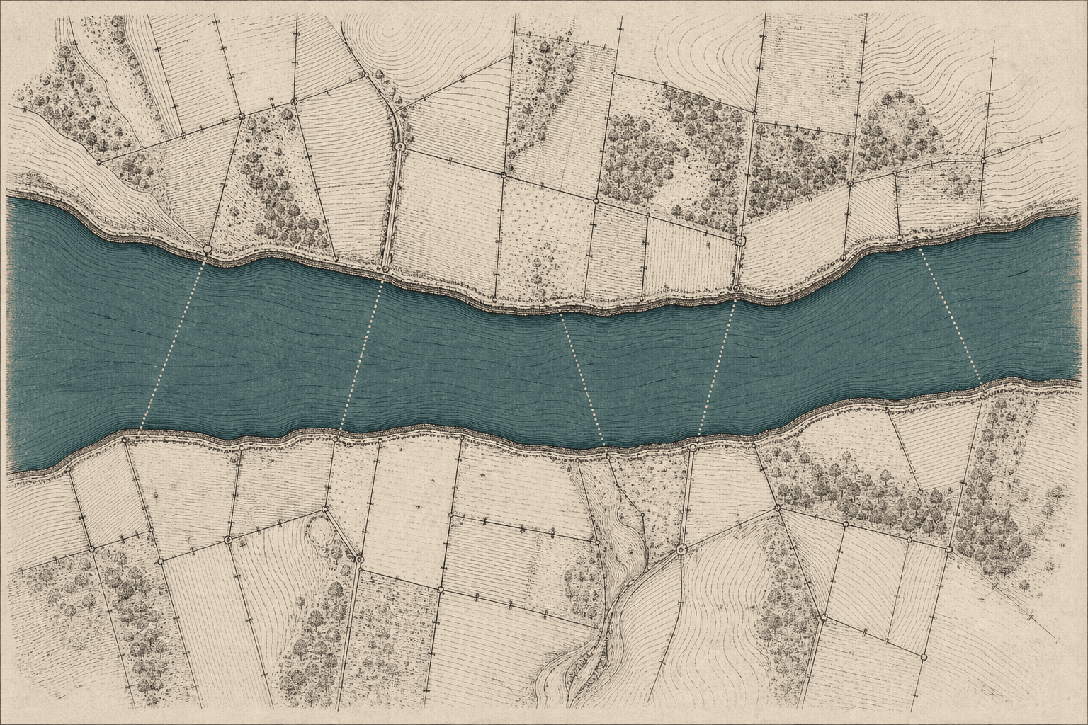 An engraved survey map of a river, with surveyed parcels on both banks and dotted crossing routes over the water.
